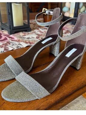 Nine West Sparkle Block Heel Ankle-Strap Sandals in Metallic Gold